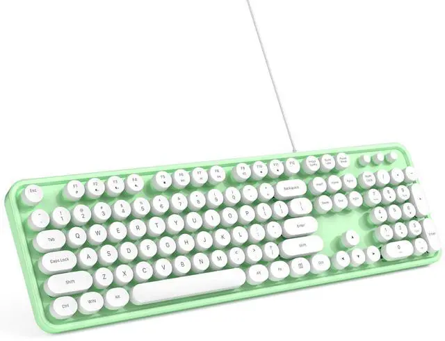 Main image of MOWUX Computer Keyboard Wired, Plug and Play USB Retro Round Typewriter Keyboard, Full Size Wired Keyboard with Foldable Stands for Laptop and Office PC- Green&White Colorful