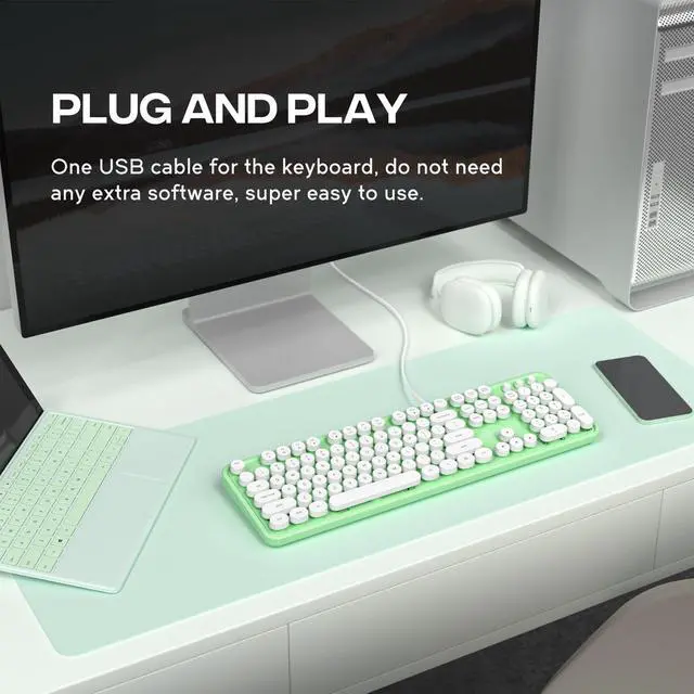 Alt view image 2 of 5 - MOWUX Computer Keyboard Wired, Plug and Play USB Retro Round Typewriter Keyboard, Full Size Wired Keyboard with Foldable Stands for Laptop and Office PC- Green&White Colorful