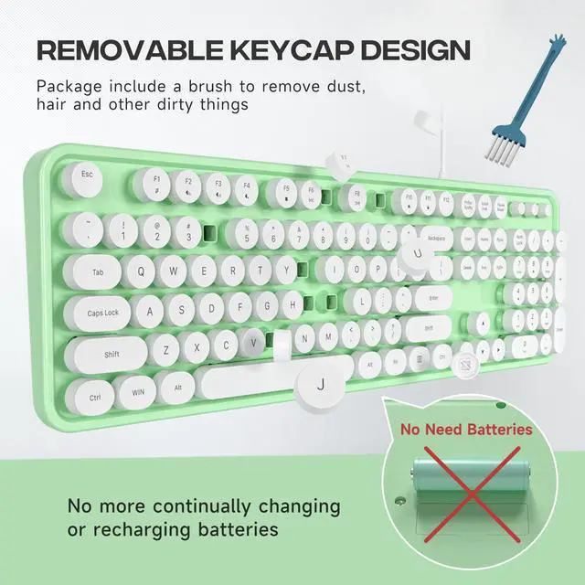 Alt view image 4 of 5 - MOWUX Computer Keyboard Wired, Plug and Play USB Retro Round Typewriter Keyboard, Full Size Wired Keyboard with Foldable Stands for Laptop and Office PC- Green&White Colorful