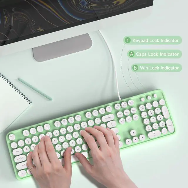 Alt view image 5 of 5 - MOWUX Computer Keyboard Wired, Plug and Play USB Retro Round Typewriter Keyboard, Full Size Wired Keyboard with Foldable Stands for Laptop and Office PC- Green&White Colorful