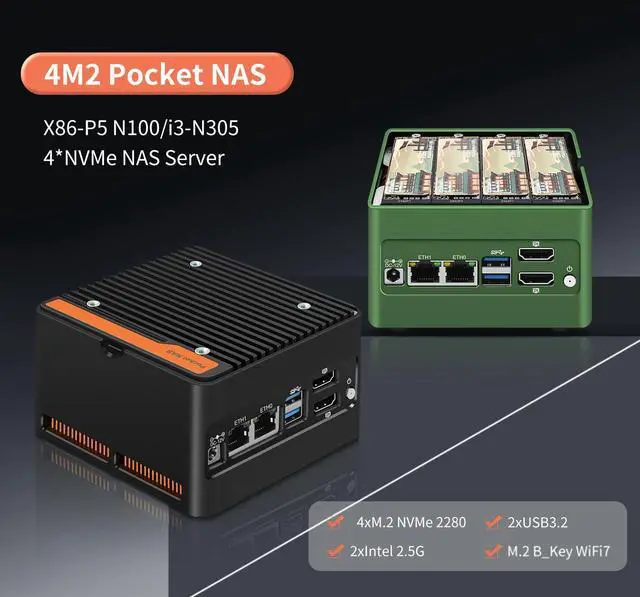 Alt view image 2 of 5 - 4 x NVMe Mini NAS Server, 4 Bay NAS i3-N305 Pocket PC with Dual i226-V 2.5GbE LAN,Dual HDMI 2.0,USB3.2 Gen2,Support BT5.4/WiFi6/WiFi7 (i3-N305, NO RAM NO SSD)