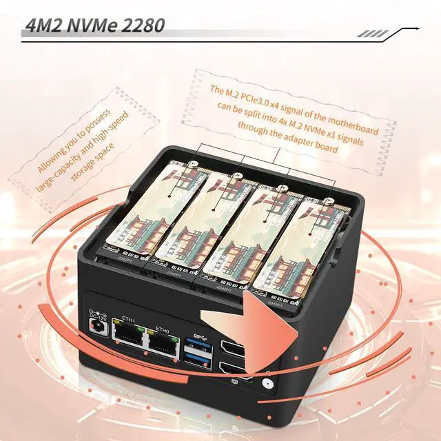 Alt view image 3 of 5 - 4 x NVMe Mini NAS Server, 4 Bay NAS i3-N305 Pocket PC with Dual i226-V 2.5GbE LAN,Dual HDMI 2.0,USB3.2 Gen2,Support BT5.4/WiFi6/WiFi7 (i3-N305, NO RAM NO SSD)