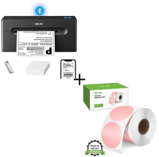 Main image of Nelko Thermal Label Printer Black, 150mm/s USB Thermal Shipping Label Printer for Shipping Packages, with 2 Inch Pink Circle Thermal Stickers Labels 750 Labels/Roll