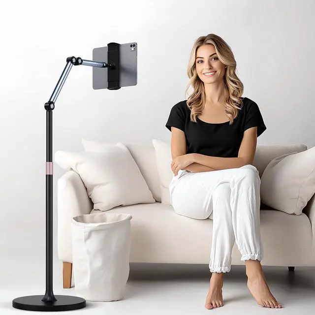 Alt view image 2 of 5 - Tablet Floor Stand, Adjustable Tablet Stand, 360deg Rotation Tablet Holder, Compatible with iPad, iPhone, Samsung, Google, Kindle Tablet/Phone, (4.5''-12'')