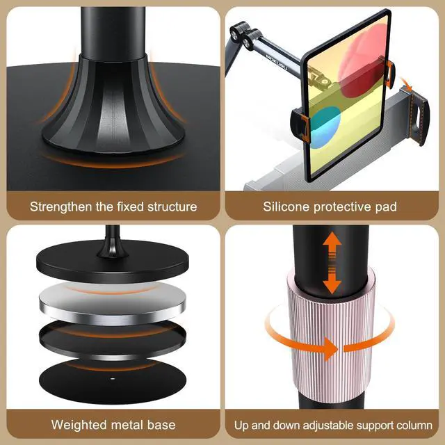 Alt view image 5 of 5 - Tablet Floor Stand, Adjustable Tablet Stand, 360deg Rotation Tablet Holder, Compatible with iPad, iPhone, Samsung, Google, Kindle Tablet/Phone, (4.5''-12'')