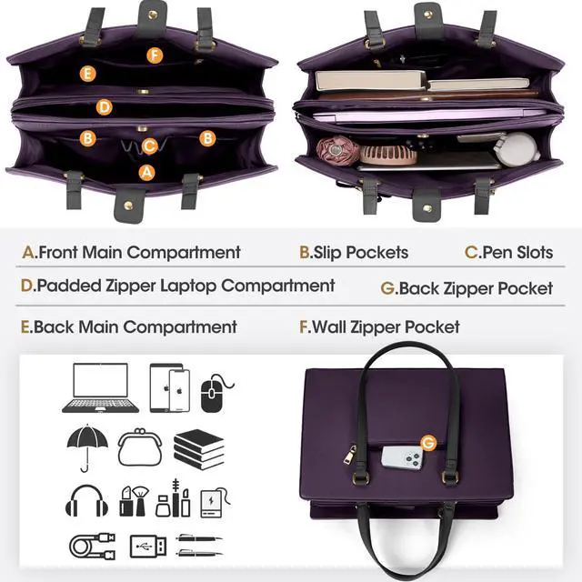 Alt view image 2 of 5 - Laptop Bag for Women 15.6 inch Laptop Tote Bag Waterproof Leather Computer Bag Large Lightweight Briefcase Professional Business Office Work Bag, Dark Purple with Black