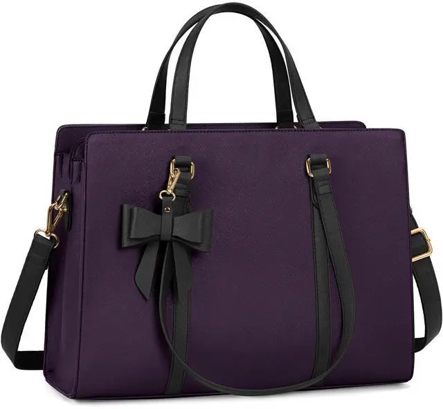 Main image of Laptop Bag for Women 15.6 inch Laptop Tote Bag Waterproof Leather Computer Bag Large Lightweight Briefcase Professional Business Office Work Bag, Dark Purple with Black