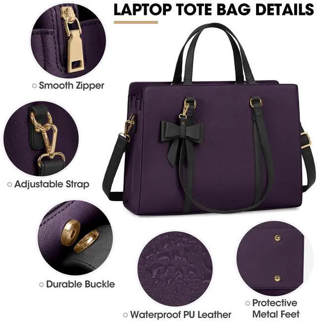 Alt view image 4 of 5 - Laptop Bag for Women 15.6 inch Laptop Tote Bag Waterproof Leather Computer Bag Large Lightweight Briefcase Professional Business Office Work Bag, Dark Purple with Black