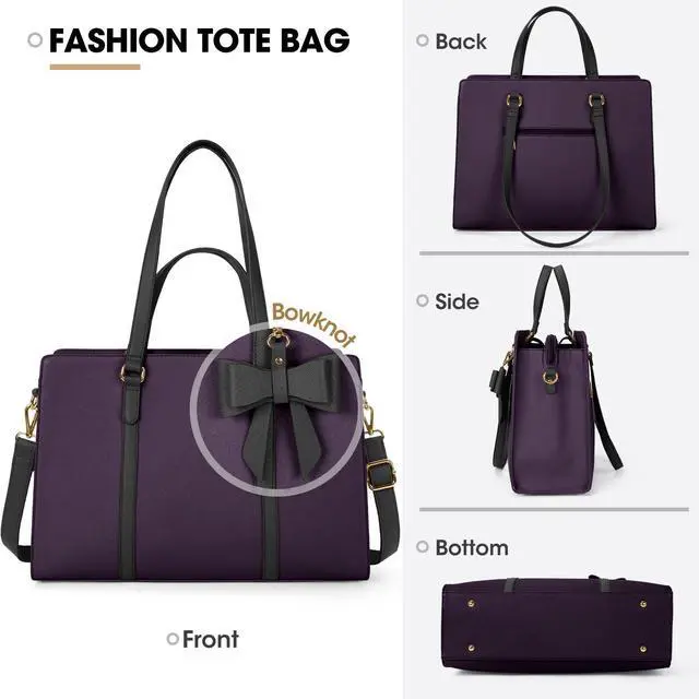 Alt view image 5 of 5 - Laptop Bag for Women 15.6 inch Laptop Tote Bag Waterproof Leather Computer Bag Large Lightweight Briefcase Professional Business Office Work Bag, Dark Purple with Black