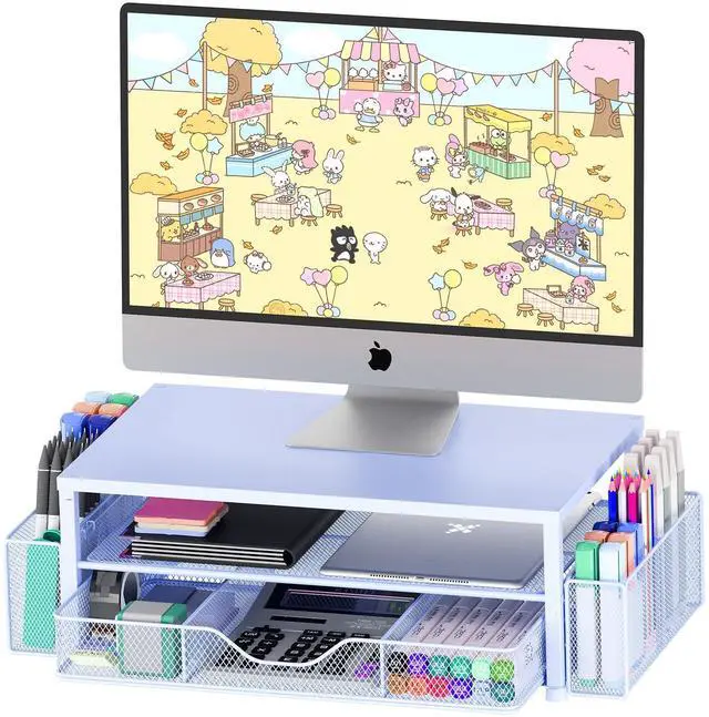 Main image of OPNICE Desk Organizers and Accessories, 2-Tier Computer Monitor Stand for Desk Organizer with Drawer and 2 Pen Holders, Office Desk Accessories Workspace Desktop Organizers for Office Supplies, Blue