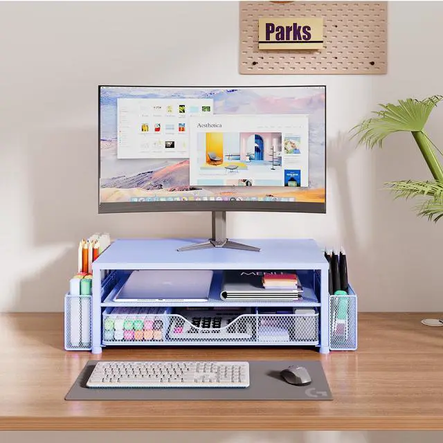 Alt view image 2 of 5 - OPNICE Desk Organizers and Accessories, 2-Tier Computer Monitor Stand for Desk Organizer with Drawer and 2 Pen Holders, Office Desk Accessories Workspace Desktop Organizers for Office Supplies, Blue