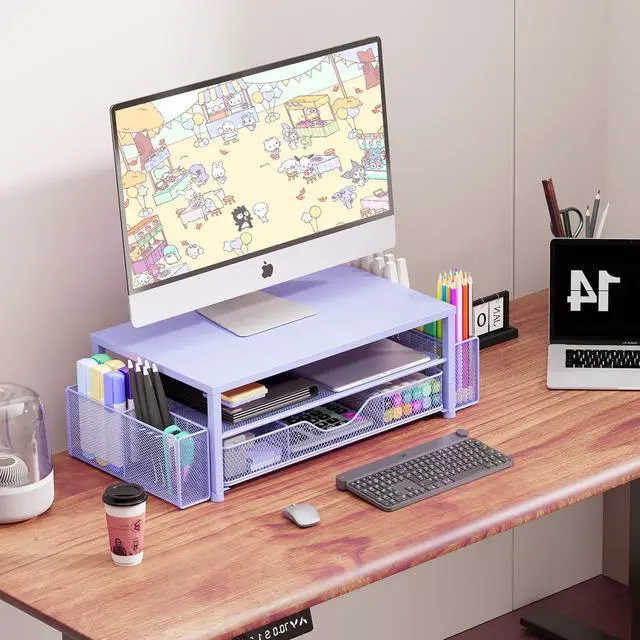 Alt view image 5 of 5 - OPNICE Desk Organizers and Accessories, 2-Tier Computer Monitor Stand for Desk Organizer with Drawer and 2 Pen Holders, Office Desk Accessories Workspace Desktop Organizers for Office Supplies, Blue
