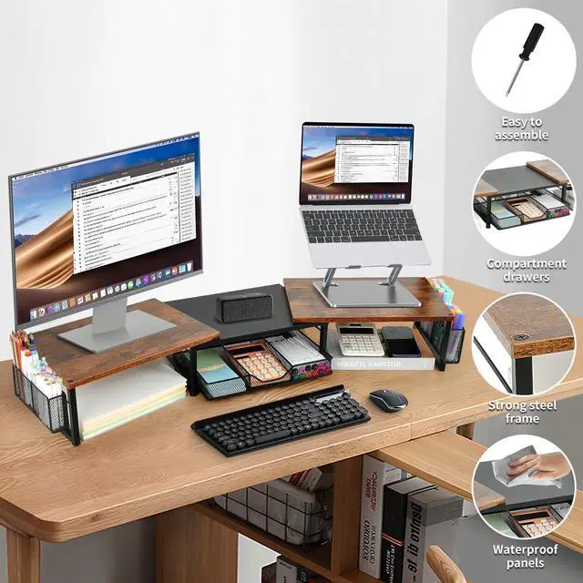 Alt view image 4 of 4 - OPNICE Desk Dual Monitor Stand Riser - Desk Organizer with Drawer and Pen Holders, Office Desk Accessories & Workspace Organizers, Office Organization Computer Monitor Stand for Laptop, Printer, TV, O