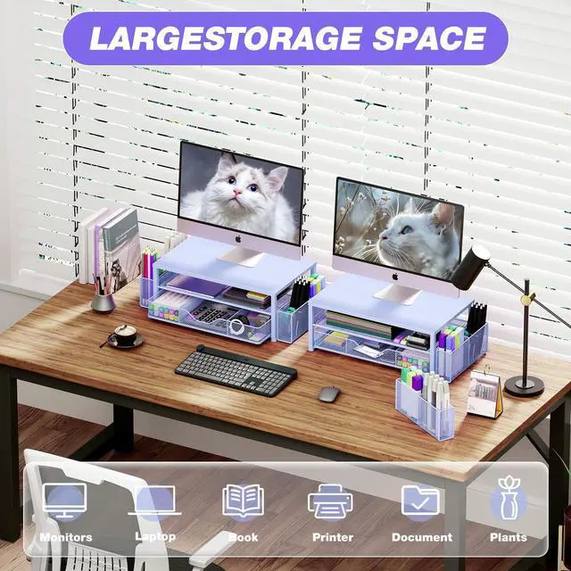 Alt view image 4 of 5 - OPNICE Desk Organizers and Accessories, 2-Tier Computer Monitor Stand for Desk Organizer with Drawer and 2 Pen Holders, Office Desk Accessories Workspace Desktop Organizers for Office Supplies, Blue