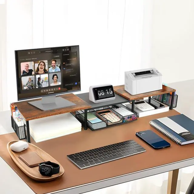 Alt view image 2 of 4 - OPNICE Desk Dual Monitor Stand Riser - Desk Organizer with Drawer and Pen Holders, Office Desk Accessories & Workspace Organizers, Office Organization Computer Monitor Stand for Laptop, Printer, TV, O