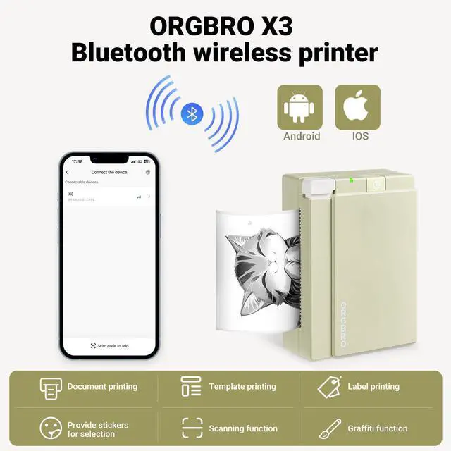 Alt view image 2 of 5 - ORGBRO X3 Sticker Printer with 3 Rolls White Thermal Paper, Bluetooth Thermal Printer Support 2-3 inch Printing Width, 80mm x 3m Thermal Paper for Study Notes, Plan Journal, Photo