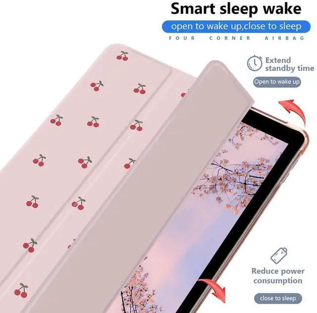 Alt view image 3 of 5 - JOYLAND Cute Cherry Printed Case for iPad Air 4 2020/iPad Air 5 2022 10.9 Inch with Pencil Holder, Auto Wake/Sleep Cute Fruit Shockproof Case, Trifold Stand Pink Girly Cover for Girls Kids