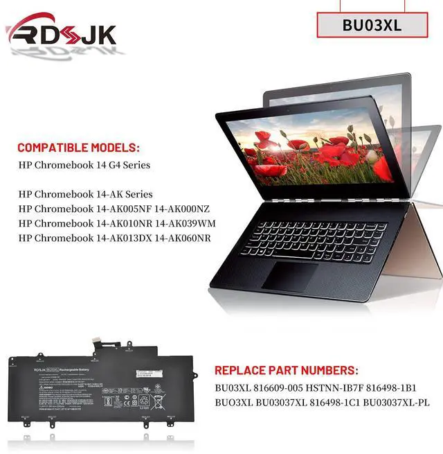 Alt view image 3 of 5 - BU03XL Laptop Battery for HP Chromebook 14 G4 14-AK 14-AK001NA 14-AK005NF 14-AK000NZ 14-AK010NR 14-AK039WM 14-AK013DX 14-AK060NR BU03037XL HSTNN-IB7F 816498-1B1 816609-005 BU03037XL-PL 11.4V 37.3Wh