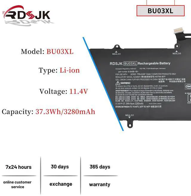 Alt view image 2 of 5 - BU03XL Laptop Battery for HP Chromebook 14 G4 14-AK 14-AK001NA 14-AK005NF 14-AK000NZ 14-AK010NR 14-AK039WM 14-AK013DX 14-AK060NR BU03037XL HSTNN-IB7F 816498-1B1 816609-005 BU03037XL-PL 11.4V 37.3Wh
