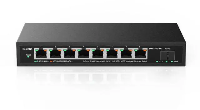 Main image of 8 Port 2.5Gb Web Managed Ethernet Network Switch with 8 x 2.5 Gigabit | 1 x 10G SFP+ | Work with 10-100-1000Mbps Devices | 60G Bandwidth | Fanless Quiet Metal Internet Switch | NOT Support VPN
