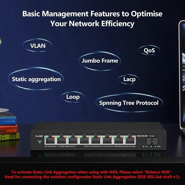 Alt view image 4 of 5 - 8 Port 2.5Gb Web Managed Ethernet Network Switch with 8 x 2.5 Gigabit | 1 x 10G SFP+ | Work with 10-100-1000Mbps Devices | 60G Bandwidth | Fanless Quiet Metal Internet Switch | NOT Support VPN