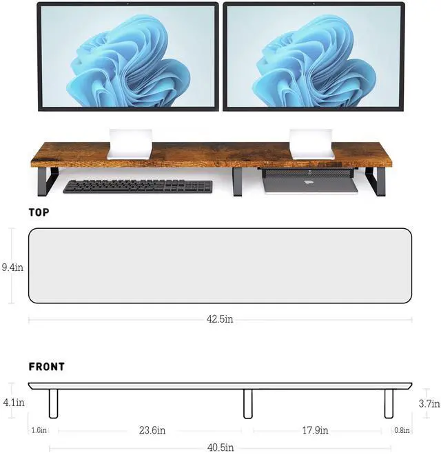 Alt view image 2 of 5 - Vintage Wooden Dual Monitor Stand - 2 Monitor Riser with Metal Legs & Drawer, Office Desk Organizer