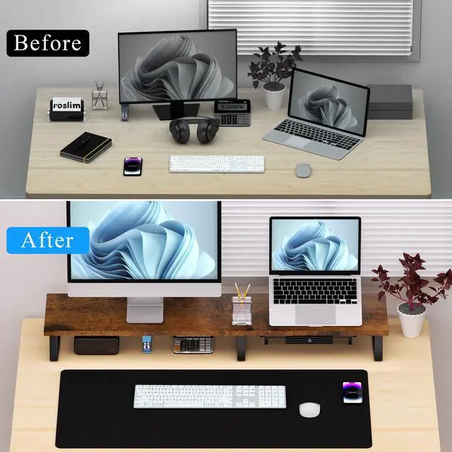 Alt view image 4 of 5 - Vintage Wooden Dual Monitor Stand - 2 Monitor Riser with Metal Legs & Drawer, Office Desk Organizer