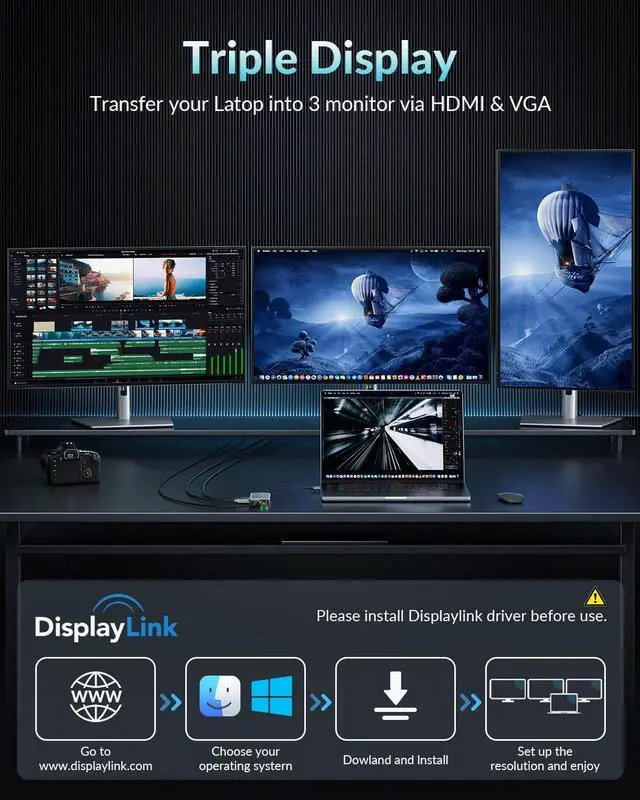 Alt view image 2 of 5 - PHIXERO 12 in 1 USB Docking Station Triple Monitor for Mac M1/M2, Displaylink Dock with 2 HDMI & 1 VGA, 3 USB 3.0 &1 USB 2.0, SD/TF Port, Ethernet, Audio, Compatible with Thunderbolt, Windows,et