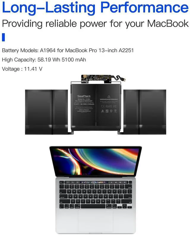 Alt view image 4 of 5 - SeaPlant A2251 Battery Replacement for MacBook Pro 13-inch A2251(2020) A1964 Battery