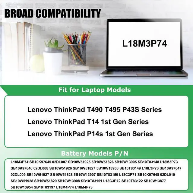 Alt view image 3 of 5 - RHKRKQN L18M3P73 L18M3P74 Laptop Battery Replacement for Lenovo ThinkPad T490 T495 P43S T14 P14s 1st Gen Series Notebook 5B10W13905 02DL007 02DL008 L18C3P72 L18L3P73 L18M4P73 11.52V 51Wh 4345mAh