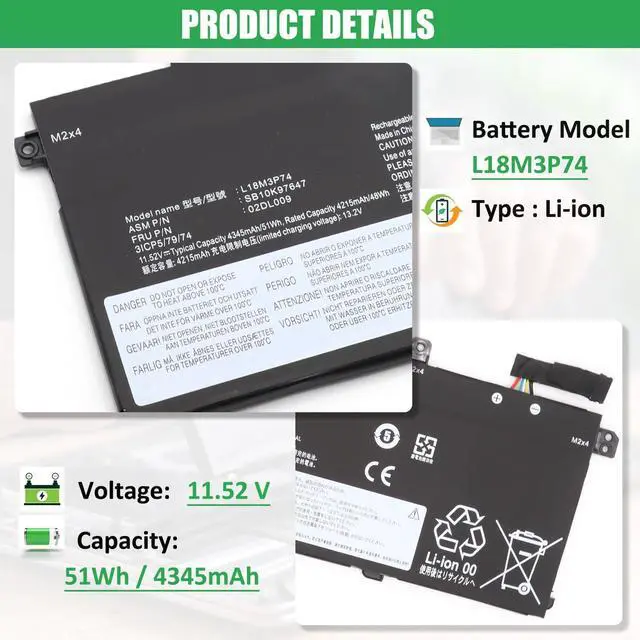Alt view image 2 of 5 - RHKRKQN L18M3P73 L18M3P74 Laptop Battery Replacement for Lenovo ThinkPad T490 T495 P43S T14 P14s 1st Gen Series Notebook 5B10W13905 02DL007 02DL008 L18C3P72 L18L3P73 L18M4P73 11.52V 51Wh 4345mAh