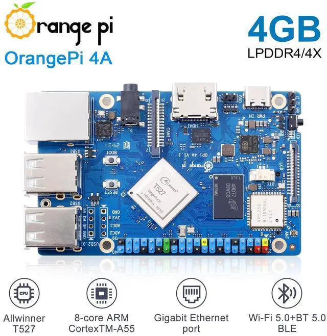 Alt view image 2 of 5 - Orange Pi 4A 4GB LPDDR4/4X Allwinner T527 8 Core Single Board Computer, RISC-V Co-Processor 2 Tops NPU 1.8GHz Frequency Wi-Fi 5.0+BT 5.0,BLE Run Ubuntu, Debian, Android13 (Pi 4A 4GB+Supply)