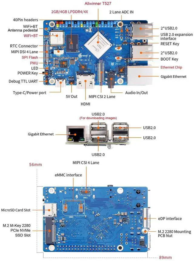 Alt view image 3 of 5 - Orange Pi 4A 4GB LPDDR4/4X Allwinner T527 8 Core Single Board Computer, RISC-V Co-Processor 2 Tops NPU 1.8GHz Frequency Wi-Fi 5.0+BT 5.0,BLE Run Ubuntu, Debian, Android13 (Pi 4A 4GB+Supply)