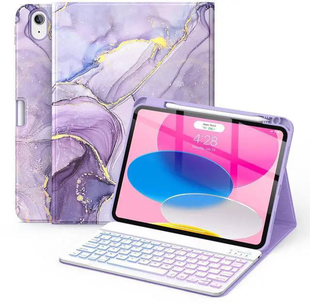Main image of Soke Keyboard Case for iPad 11th(A16 2025)/10th Generation(2022),7 Color Backlight Wireless Detachable Keyboard Cover,Soft TPU Folio Stand with Pencil Holder for iPad 11/10.9 inch, Lilac Marble