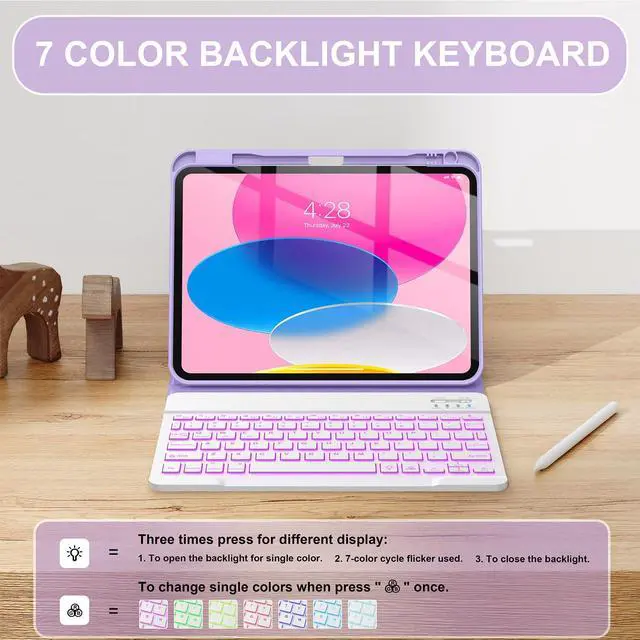 Alt view image 4 of 5 - Soke Keyboard Case for iPad 11th(A16 2025)/10th Generation(2022),7 Color Backlight Wireless Detachable Keyboard Cover,Soft TPU Folio Stand with Pencil Holder for iPad 11/10.9 inch, Lilac Marble