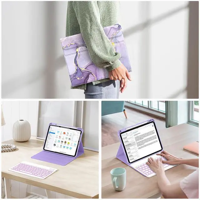 Alt view image 5 of 5 - Soke Keyboard Case for iPad 11th(A16 2025)/10th Generation(2022),7 Color Backlight Wireless Detachable Keyboard Cover,Soft TPU Folio Stand with Pencil Holder for iPad 11/10.9 inch, Lilac Marble