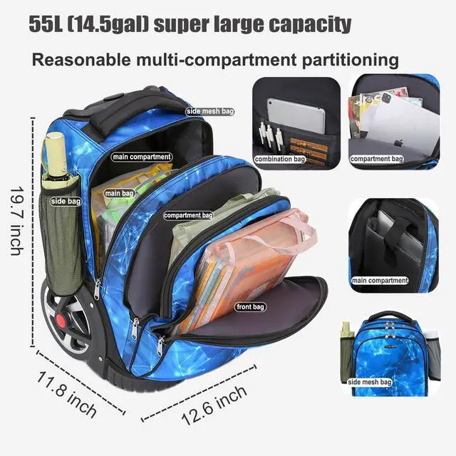 Alt view image 3 of 5 - Rolling Backpack, 55L (14.5gal) Backpack with Wheels for Business, Waterproof Backpacks with Dual Handles and Silent Large Wheels, Carry on Backpack with Laptop Compartment (Blue,22 inch)