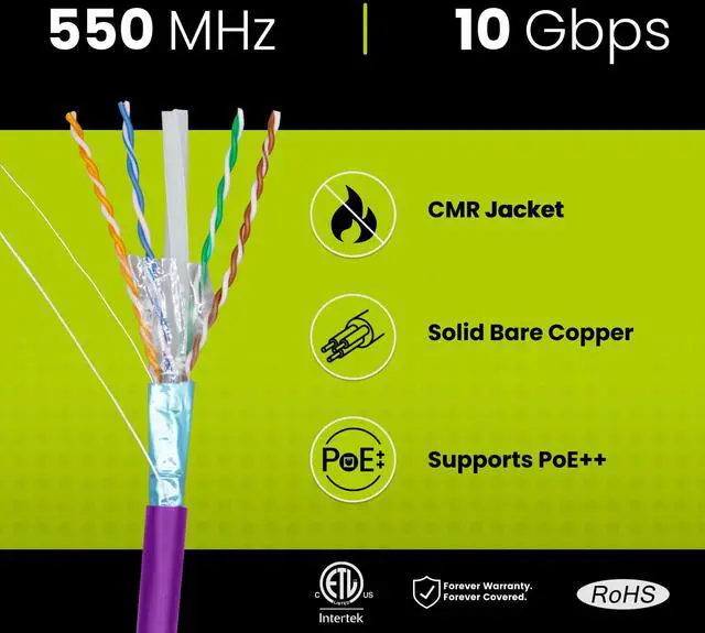 Alt view image 2 of 5 - trueCABLE Cat6 Shielded Riser (CMR), 1000ft, Purple, 23AWG Solid Bare Copper, 550MHz, PoE++ (4PPoE), ETL Listed, Overall Aluminum Foil Shield (F/UTP), Bulk Ethernet Cable