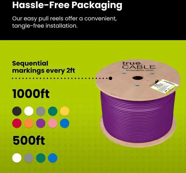 Alt view image 5 of 5 - trueCABLE Cat6 Shielded Riser (CMR), 1000ft, Purple, 23AWG Solid Bare Copper, 550MHz, PoE++ (4PPoE), ETL Listed, Overall Aluminum Foil Shield (F/UTP), Bulk Ethernet Cable