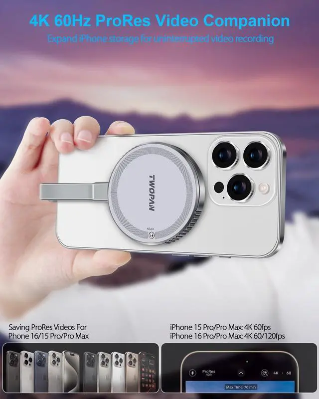 Alt view image 3 of 5 - TWOPAN M.2 2230 NVMe SSD Enclosure with Dual-Sided MagSafe, 10Gbps Portable USB-C External SSD Case for 4K ProRes Video, iPhone 16/15 Pro Max, MacBook, iPad & USB-C Devices