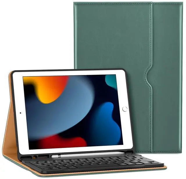 Main image of VIKESI Keyboard Case for iPad 9th / 8th / 7th Generation 10.2 inch (2021/2020/2019), Premium Leather Smart Cover, Built-in Breathing Light, Function Row, Pencil Holder, Card Slots - Green