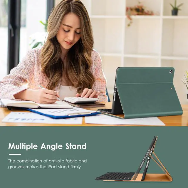 Alt view image 5 of 5 - VIKESI Keyboard Case for iPad 9th / 8th / 7th Generation 10.2 inch (2021/2020/2019), Premium Leather Smart Cover, Built-in Breathing Light, Function Row, Pencil Holder, Card Slots - Green