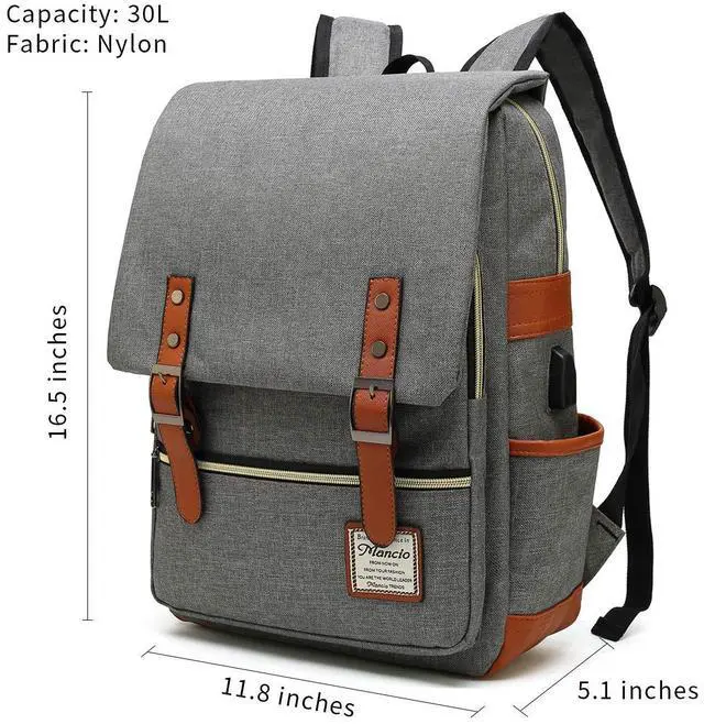 Alt view image 2 of 5 - Mancio Slim Vintage Laptop Backpack For women,Men For Travel, College, Dayparks, Fits up to 15.6Inch Notebook in Grey