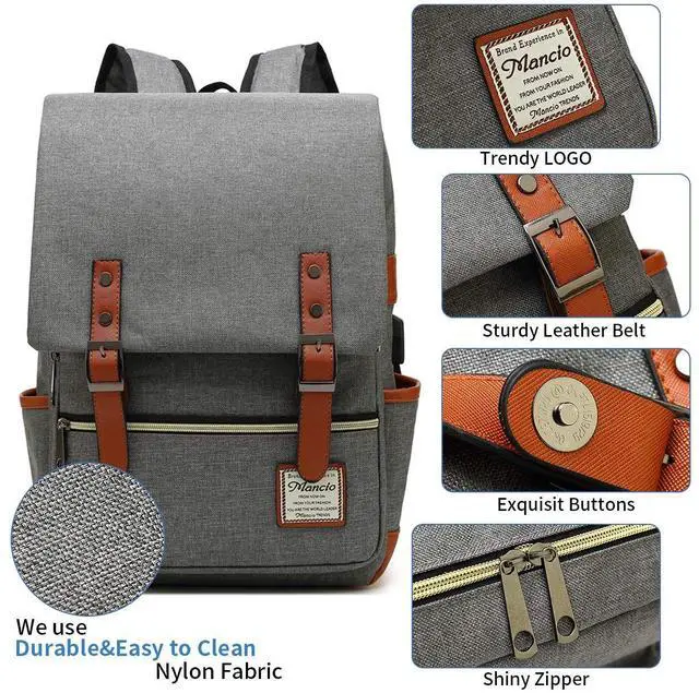 Alt view image 4 of 5 - Mancio Slim Vintage Laptop Backpack For women,Men For Travel, College, Dayparks, Fits up to 15.6Inch Notebook in Grey
