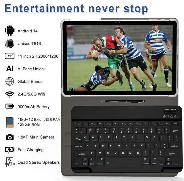 Alt view image 2 of 5 - 2025 Latest 11 inch Tablet Android 14 2000 * 1200 2K Display 2 in 1 Tablets, T616, 18GB RAM+128GB ROM+1TB Expand, 5+5+13MP Camera, 9000mAh, 4 Speakers, 5G WiFi, Tablet With Keyboard, Stylus, Case