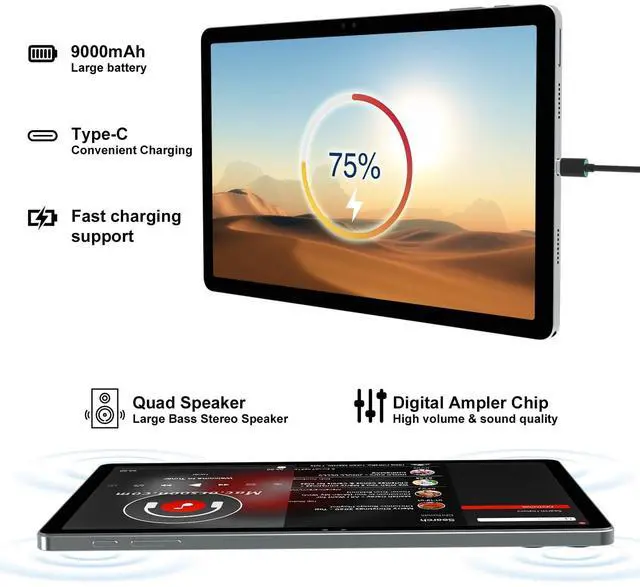 Alt view image 5 of 5 - 2025 Latest 11 inch Tablet Android 14 2000 * 1200 2K Display 2 in 1 Tablets, T616, 18GB RAM+128GB ROM+1TB Expand, 5+5+13MP Camera, 9000mAh, 4 Speakers, 5G WiFi, Tablet With Keyboard, Stylus, Case