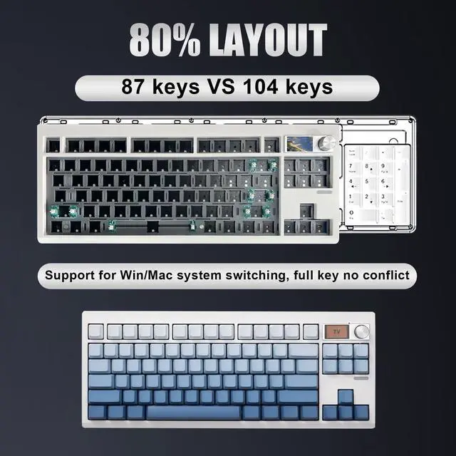 Alt view image 4 of 5 - ZMX GMK87 Keyboard Barebones Kit,Gasket Mount Hot Swap PCB Triple Mode BT5.0/2.4G/Type-C Wireless Mechanical Keyboard with Knob VIA-Programmable Custom TFT-Screen RGB Keyboard DIY Kit(White)