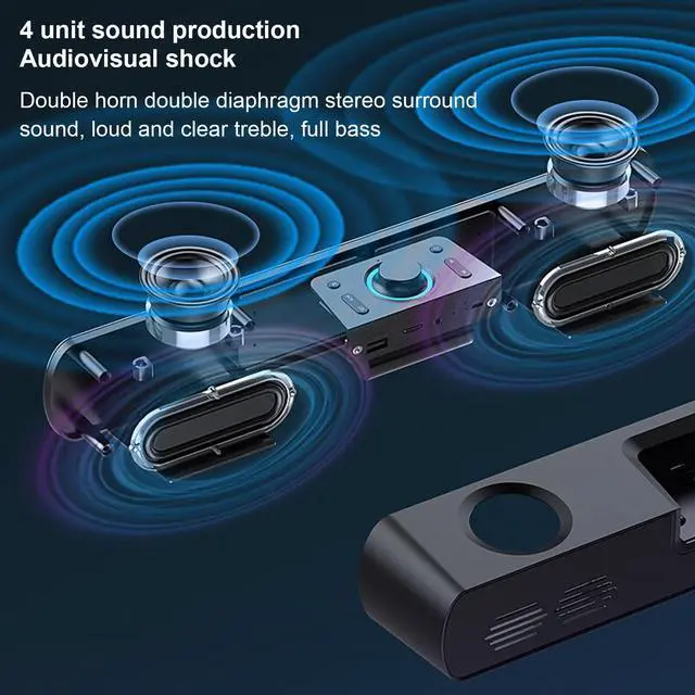 Alt view image 2 of 5 - Bluetooth Speakers Desktop PC Soundbar, HiFi Stereo USB Wired AUX in Gaming Speaker - Built in Subwoofer, Alarm Clock, FM Radio for Laptop PC (Black)