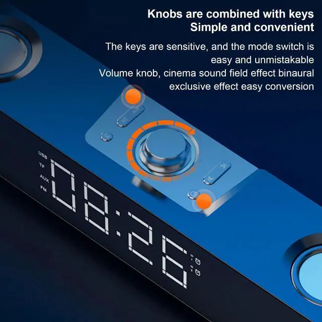 Alt view image 4 of 5 - Bluetooth Speakers Desktop PC Soundbar, HiFi Stereo USB Wired AUX in Gaming Speaker - Built in Subwoofer, Alarm Clock, FM Radio for Laptop PC (Black)