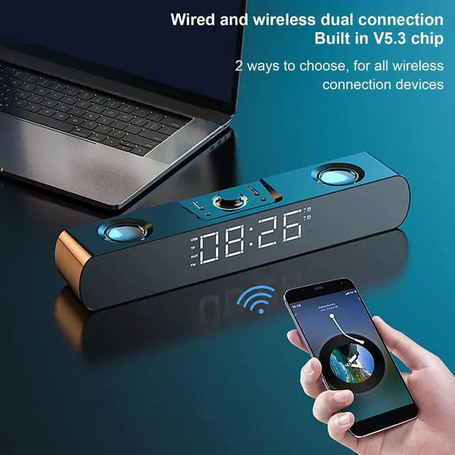 Alt view image 3 of 5 - Bluetooth Speakers Desktop PC Soundbar, HiFi Stereo USB Wired AUX in Gaming Speaker - Built in Subwoofer, Alarm Clock, FM Radio for Laptop PC (Black)